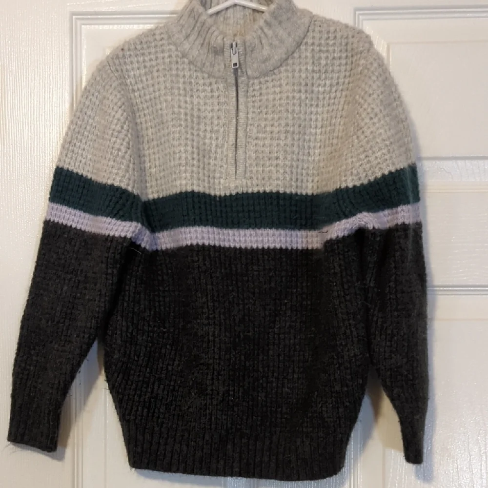 Boys Green and Gray Striped 3/4 Zip Sweater
